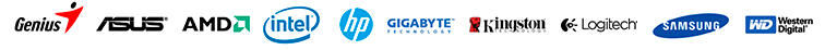 logos de marcas HP, Samsung, Gigabyte, ASUS, Genius,Logitech, Western Digital, Intel, AMD, Asus, Kingston